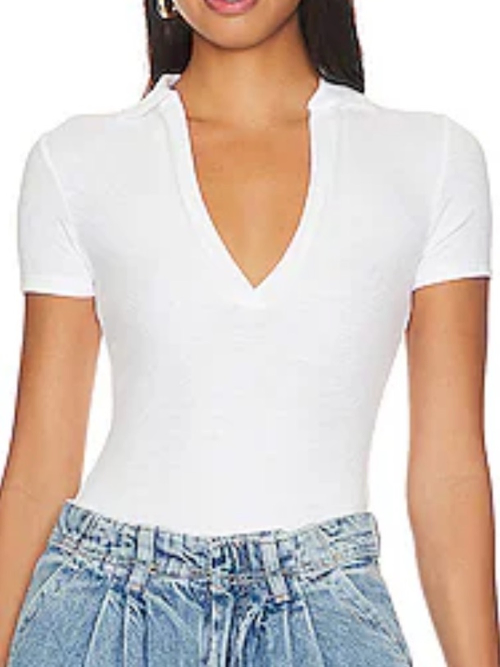 Free People Women's Cream Short-Sleeve Ribbed Bodysuit with Plunge Collar M